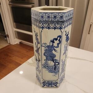 Hexagonal Blue and White Ceramic Vase